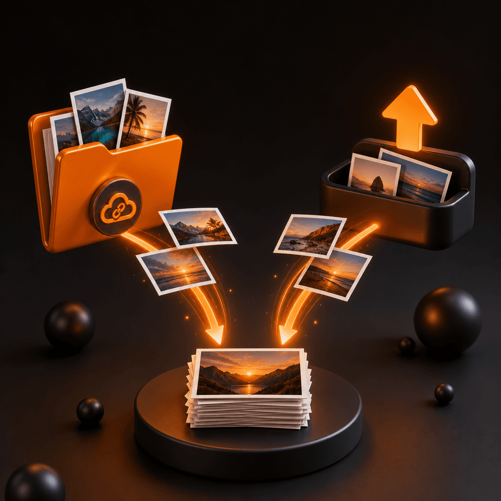 Photos flowing from a Drive folder and an upload tray into one stack